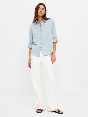 Zara Light Wash Denim Shirt Women Button Down Chambray Top Long Sleeve Casual M